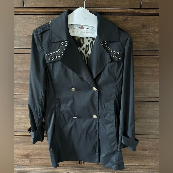 St John SoCa Black Light-Weight Trench Coat Leopard Lined Sz Petite Small - Picture 1 of 7